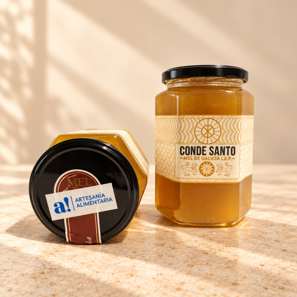 Miel multifloral de A Mariña Conde Santo en tarro de 1 kg sobre piedra